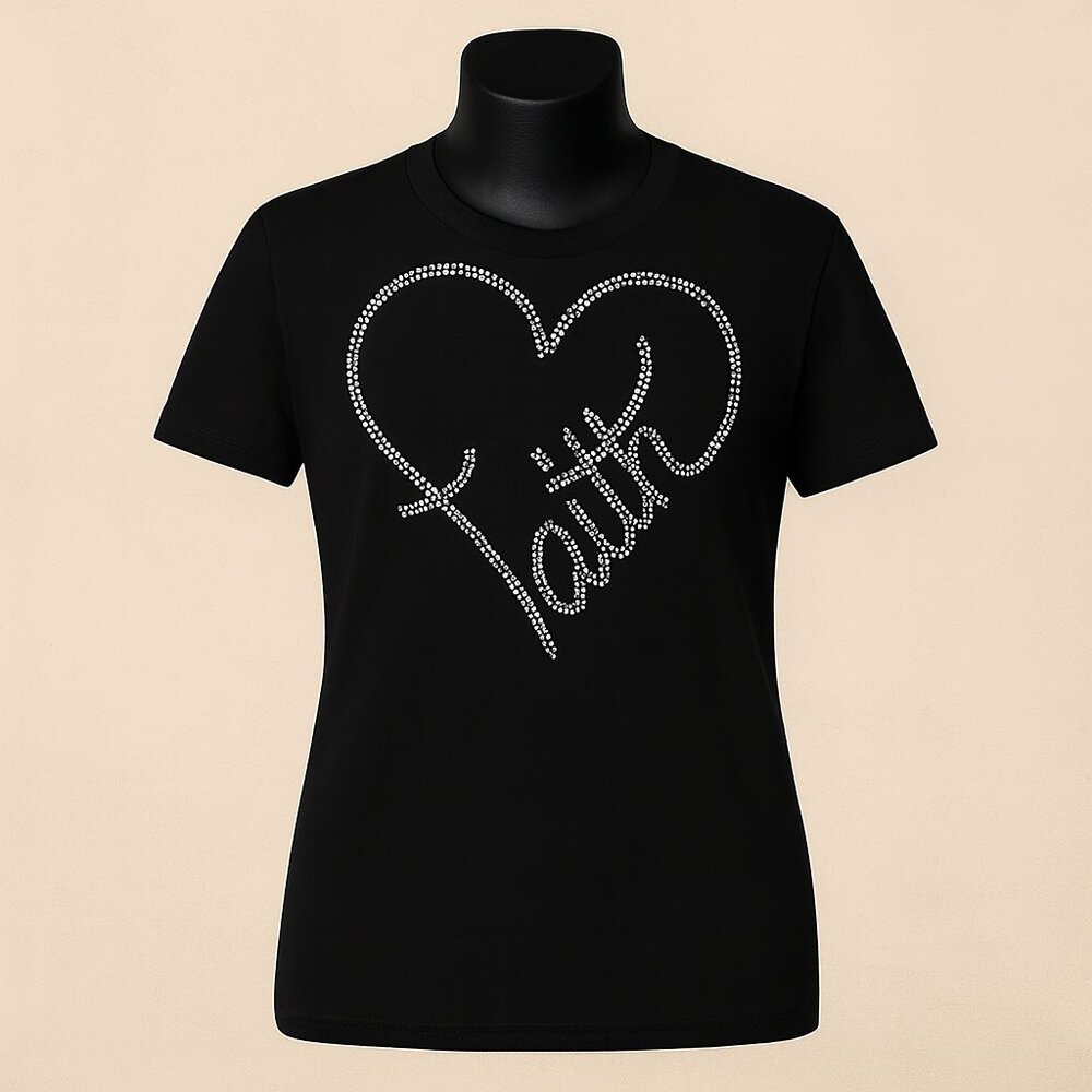 Faith Rhinestone Heart T-Shirt – Black Inspirational Tee